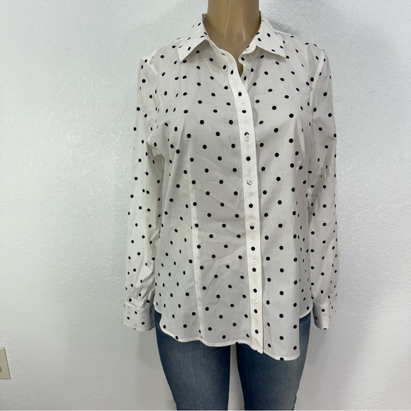 Talbots no iron polka dot button down blouse long sleeve shirt worms. Size 12 - Picture 12 of 16